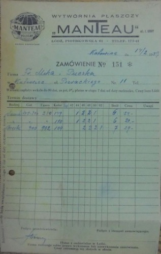 /Order/Wytwórnia Płaszczy `Manteau`,Łódź 1939